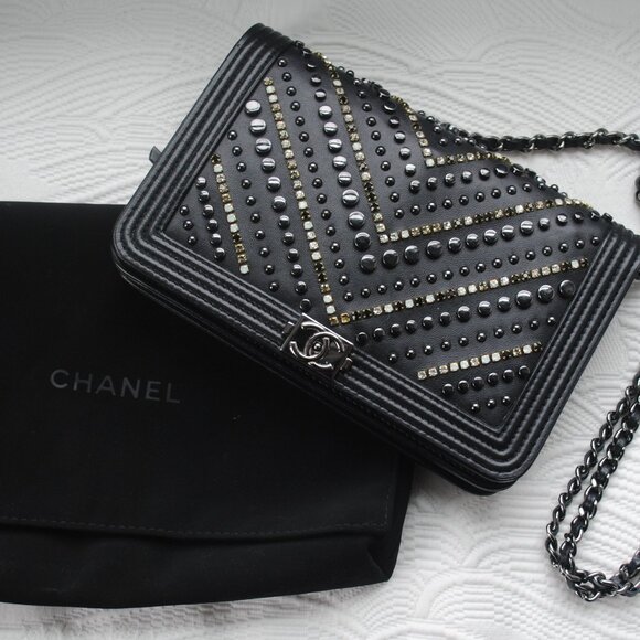 Chanel Calf Skin Crystal Studded Chevron Wallet on Chain - Picture 1 of 4